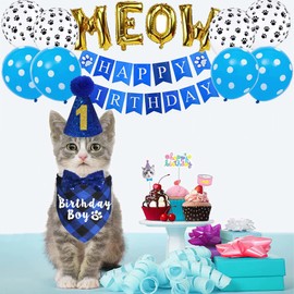 JOTFA JOTFA Cat Birthday Party Supplies, Kitten Bandana with Hat Bow Tie Number Banner Balloons Meow Letter for Decorations