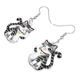 BONSNY Adorable Cute Lucky Dangle Tabby Cat Earrings, Cartoon Design, Acrylic Jewelry for Women Kitten Lovers Gifts Novelty Fun Hypoallergenic Charms (Grey)