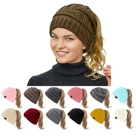 Rosoz Womens Ponytail Beanie Winter Beanie Hat Ponytail Hatfor Women Tail Stretch Cable Knit Cap Messy High Bun Hat