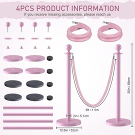 kaiyomi 4Pcs Posts with Pink Velvet Ropes Set, 5 Feet Crowd Control Stanchions Kit for Red Carpet Party Decoration and Ribbon Cutting Ceremony (Pink)