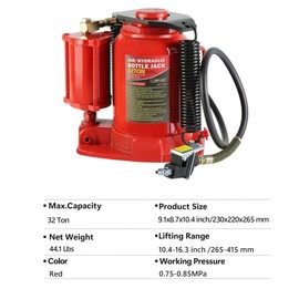 SPOFLYINN 32-Ton Hydraulic Bottle Jack 10.4"-16.3" Lifting Range Low Profile Air Jack Manual Jack with Handle Vehicles Maintenance red