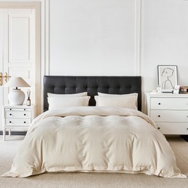 YuHeGuoJi Beige Jacquard Duvet Cover King 100% Cotton 3 Pcs Set 1 Cream Yellow Textured Floral Duvet Cover with Zipper Ties 2 Pillow Shams Washed Cotton Botanical Ruffle Hemmed Bedding Set Soft