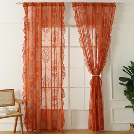 apott Orange Lace Sheer Curtains 2 Panels Floral Net Curtains for Bedroom Embroidered Vintage Voile Drapes for Windows Living Room Rod Pocket, 55x79 Inch