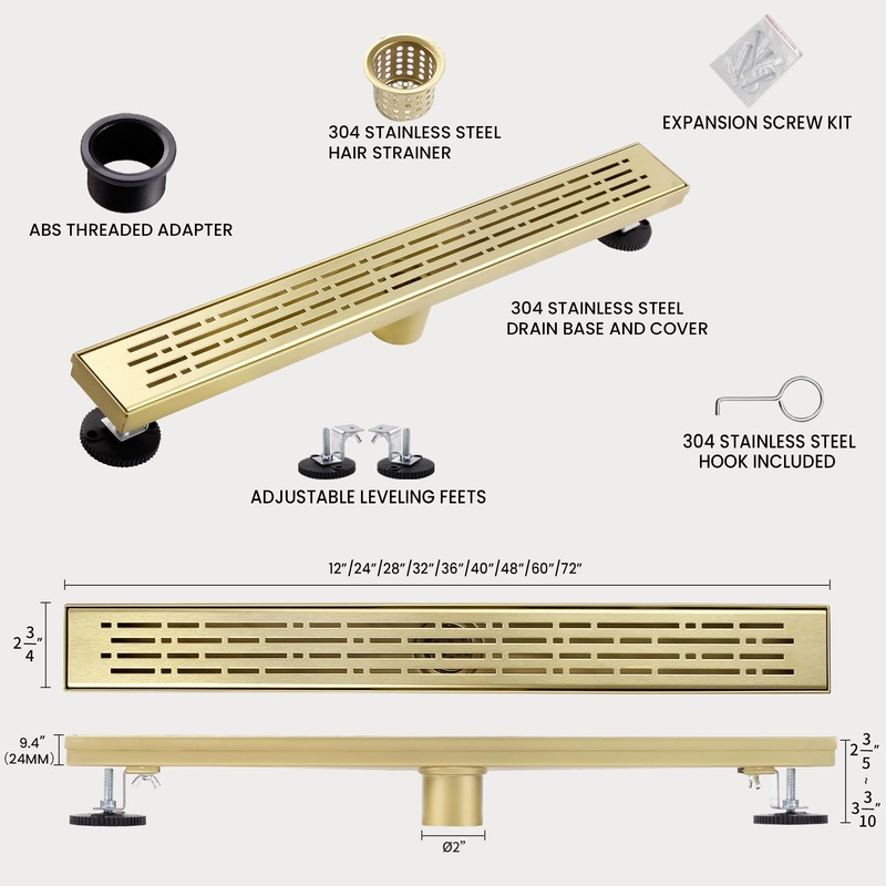 muschbath 32 Inch Linear Shower Drain, Brushed Gold Shower Drain,