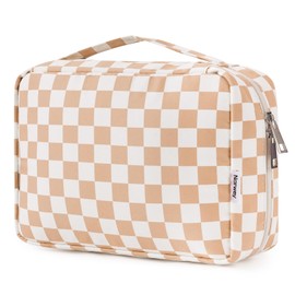 Narwey Checkered Hanging Travel Toiletry Bag for Women, Travel Bag for Toiletries, Makeup Bag Organizer Cosmetic Bags Make Up Bags for Girls (Brown Checkerboard)