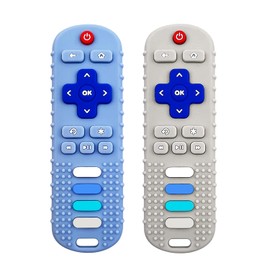 ROBBEAR Baby Teething Toys, Food Grade Silicone Teether for Babies 3 6 12 18 Months, TV Remote Shape Toddlers Chew Toys, Freezer BPA Free (Blue+Beige)