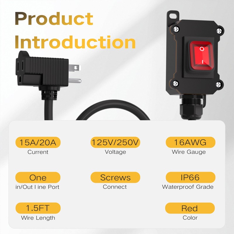STARELO Extension cord with on/off switch, IP66 waterproof,Inline Power Switch