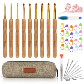 Aeeque Crochet Hook Set with Ergonomic Wooden Handle, 9 Pieces Bamboo Crochet Hooks 2.0 mm - 6.0 mm, Practical Crochet Hook Set for Beginners, Arthritis, Light Crochet Hooks Set for Scarf, Socks,