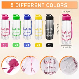 15 Pcs Water Bottles Bulk, 20 oz Reusable Clear Plastic Water Cups with Lids, Thank You for Being Awesome Water Bottle Bulk for School, Office, Sport, Gym, Family Gathering Gifts - 5 Colors