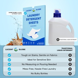 Lucent Globe Laundry Detergent Sheets - Pre-Measured Laundry Sheets - Powerful Stain Removal - Gentle on Skin & Fabrics - Works in All Washers - Convenient and Travel Friendly (Ocean Breeze)