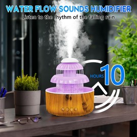 Humidifier for Bedroom, Water Flowing Cool Mist Humidifier, Waterfall Air with Rain Sounds Sleeping, 8 Colors led Light Up to10 Hours, Cloud Baby Woman, Home, Office