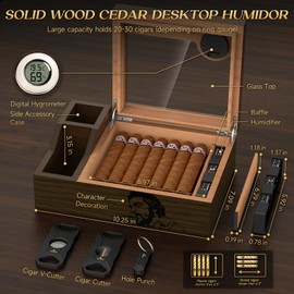 KEJIAR Cigar Humidor with 2 Side Cigar Accessories Boxes,Glass Top Cedar Small Cigar Humidor with Cigar Cutter,V-Cutter, Humidifier and Digital Hygrometer, Cigar Gifts for Men