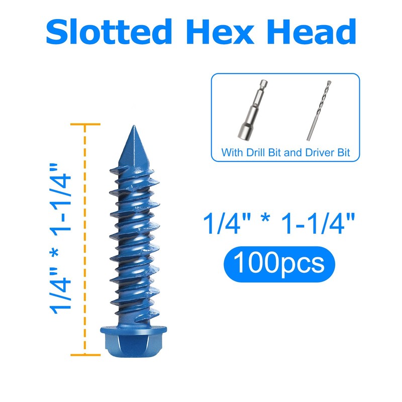 100PCS Concrete Screws Assortment Kit, 1/4" x1-1/4 Masonry Screws with