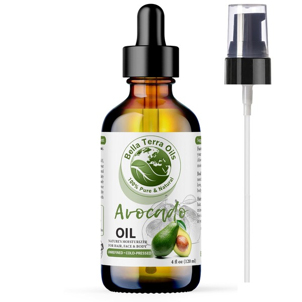 Bella Terra Oils - Avocado Oil 4oz - Pure Essence of Cold-Pressed Avocado, Boosted with Vitamin A, Impeccable for Mixing and Blending