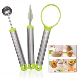 Xrten Multifunctional Fruit Cutter Set, Stainless Steel Melon Cutter, Fruit Cutter, Fruit Spoon, Set of 3
