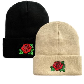 Beanie Hats for Men Unisex Rose Embroidered Women Acrylic Winter Cuffed Knit Warm Ski Hats Beige Black