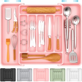 ukeetap Extra Large Expandable Silverware Organizer, BPA-Free Food-Safe Cutlery Flatware Organizer, Kitchen Utensil Drawer Organizer, Adjustable Silverware Holder for Spoons Forks Knives, Pink