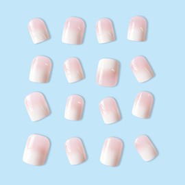 Cubahop 24pcs French Short Square Fake Nails Nude Pink Flower False Nails Rhinestone Butterfly Press on Nails for Women and Girls (Pink4)