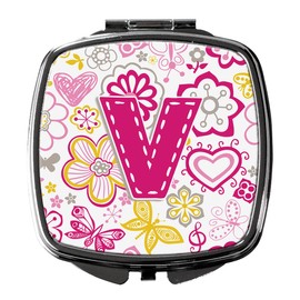 Caroline's Treasures Letter V Flowers and Butterflies Pink Compact Travel Mirrors, Multicolor
