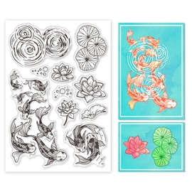 GLOBLELAND Lotus and Koi Fish Clear Stamps for Cards Making Pond Scenery Clear Stamp Seals Transparent Stamps for DIY Scrapbooking Photo Album Journal Home Decoration