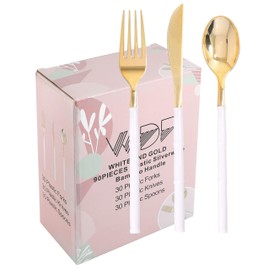 WDF 90Pieces Gold Plastic Silverware-Gold Plastic Cutlery with White Handle- Heavy Duty Thanksgiving Christmas Silverware Include 30Forks, 30 Spoons, 30 Knives for Parties