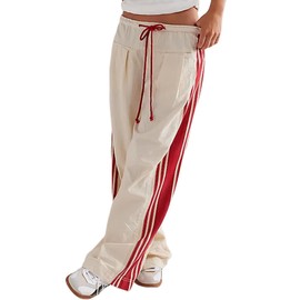 DAOAO Palazzo Pants for Women Casual Wide Leg Parachute Y2K Pants Woman Drawstring Side Striped Baggy with Pockets Apricot M