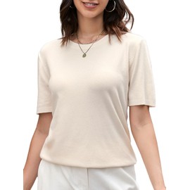 DAIMIDY Womens Wool Blend Sweater Soft Crew Neck Short Sleeve Pullover Knit Tops,A01 Beige,Medium