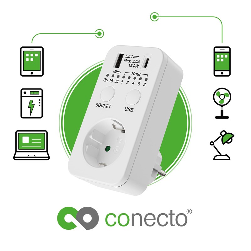 conecto Socket Timer, Switch Socket Countdown, 230 V Switch, USB