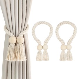 Pack of 2 Magnetic Curtain Tiebacks, Curtain Holders, Tiebacks for Curtains, Hand-Woven Curtain Tiebacks, Curtain Tie Rope, Boho Decoration, Natural Cotton, for Home and Office (Beige)