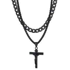 Black Crucifix Pendant Necklace for Men Jesus Christ Amulet Necklaces High Polished Stainless Steel Tarnish Resistant Waterproof Chains