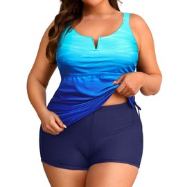 Women's Plus Size Tankini Swimsuit - Two Piece Bathing Suit with Shorts 2025 V-Wired Tummy Control Swimwear Blue Gradient 16W