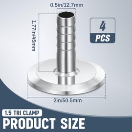 Yaocom 4 Pcs 1.5" Tri Clamp to 0.5" Hose Barbed Adapter 304 Stainless Steel Sanitary Hose Barb Pipe Fitting 50.5 mm Barbed Hose Fittings Sanitary Fittings