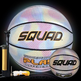SQUAD NightPlay Reflective Basketball with Cool Holographic PU Leather, Size 7 - Glow Luminous Basketball for Outdoor Night Game, Ideal Gift for Basketball Fans - Includes Pump