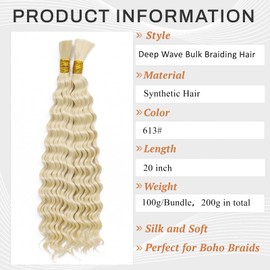 Dorsanee Deep Wave Bulk Hair for Braiding 20 Inch 2 Bundles 200g Blonde Curly Braiding Hair for Boho Braids No Weft Wet and Wavy Braiding Hair Extensions (#613,100g/bundle)