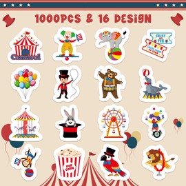Haooryx 1000pcs Carnival Theme Sticker Rolls, 16 Designs Carnival and Circus Elements Self-Adhesive Sticker Decals, Cartoon Circus Animals Clowns Sticker for Circus Carnival Party Favor Supplies