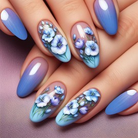 French Tip Press On Nails Fake Nails Almond Medium with Blue Gradient Flower Designs Glossy Acrylic False Nails Almond Medium Glue on Nails Full Cover Thick Stick on Nails for Women Girls 24Pcs DY1798-B7