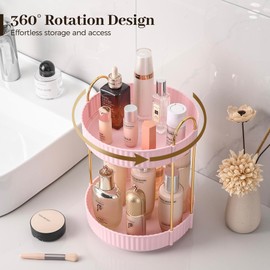 Aveniee 360 Rotating Makeup Organizer for Vanity, Skincare Perfume Organizers Large Capacity, Bathroom Countertop Organizer and Storage, Clear Cosmetics Lipstick Holder for dresser(2 Tiers, Pink)