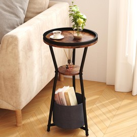 Yusong Round Side Table, Small Drink Table for Small Spaces, 3-Tier Industrial End Table, Accent Nightstand Bedside Table for Living Room, Bedroom, Sofa Couch, Rustic Brown