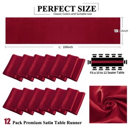 LOKUME 12 Pack Burgundy Satin Table Runner,12 x 108 inch Long Premium Smooth Table Runner for Wedding, Banquets, Birthday, Party, Graduation, Engagements,Table Runners fit Rectangle and Round Table
