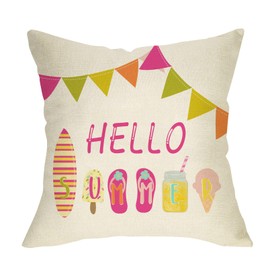 Fbcoo Hello Summer Decorative Throw Pillow Cover, Lemon Branch Cushion Case Decor Sign Seasonal Fruit Farmhouse Home Square Pillowcase Decorations for Sofa Couch 18 x 18 Cotton Linen