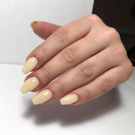 SXVME Beige False Nails Coffin, Medium Short Press on Nails Coffin, Yellow Glue on Nails Gel Fake Nails for Women, Short Ballerina Acrylic Nails for Daily Wear 24 Pcs