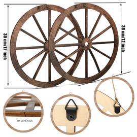 Qunclay 2 Pcs 12 Inch Wagon Wheel Decor Wooden Western Cowboy Party Decorations Vintage Rustic Wood Cartwheel for Bar Garage Indoor Outdoor (Brown)