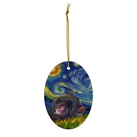 Whimsical Night Sky Black Hamster Christmas Ornament White Oval Ceramic - Impressionist Pet Portrait Memorial Keepsake Gifts for Hamster Lovers