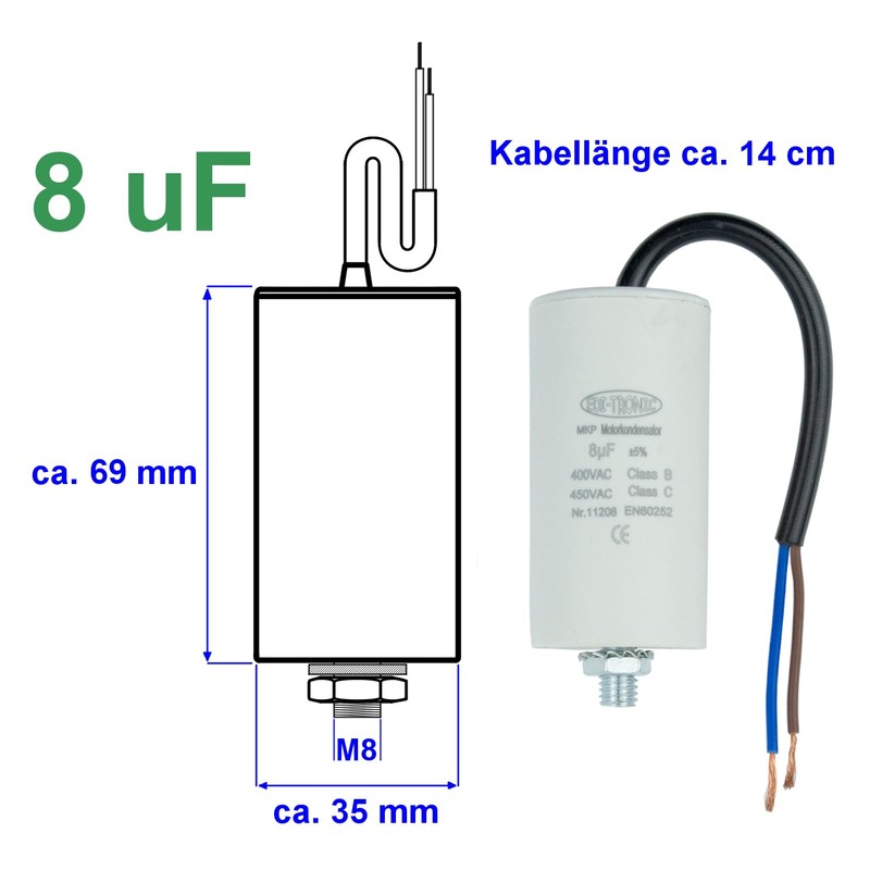 Starting Capacitor, Motor Capacitor, Working Capacitor, Cable 8 μF, 450