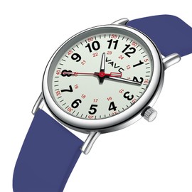 VAVC Waterproof Analog Nurse Watch for Nurses,Students,Medical Professionals,Women Men,with Luminouse Easy Read Dial,Military Time,Second Hand and 24 Hour,Comfortable Navy Blue Silicone Band.