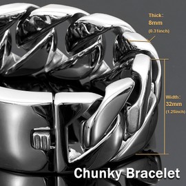 AYiFFWTEO 32mm Wide Heavy Duty Silver Chain Bracelet with Box 316L Stainless Steel Chunky Cuban Chain Link Hip Hop Fashion Bracelets Jewelry for Men Women(7.8 inches)