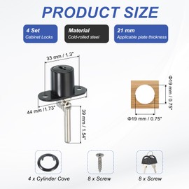 MECCANIXITY Drawer Lock with Keys, 19mm(3/4") Zinc Alloy File Cabinet Lock Cylinder Desk Cabinet Locks Keyed Different for Office Wardrobe Locker Showcase, Black Pack of 4