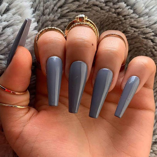 Brishow 100 Pieces Coffin False Nails Long Pure Color Ballerina Stick On Shiny Full Cover Acrylic False Nails for Women and Girls (Grey)