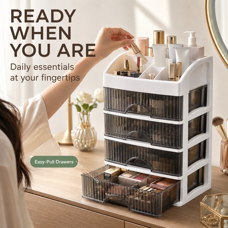 5-Layer Plastic Makeup Organizer with Clear Drawers, White