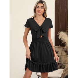 Caracilia Sundresses for Women 2025 Summer Casual Short Sleeve V Neck Tie Front A-Line Beach Vacation Short Bow Mini Dress Black Large